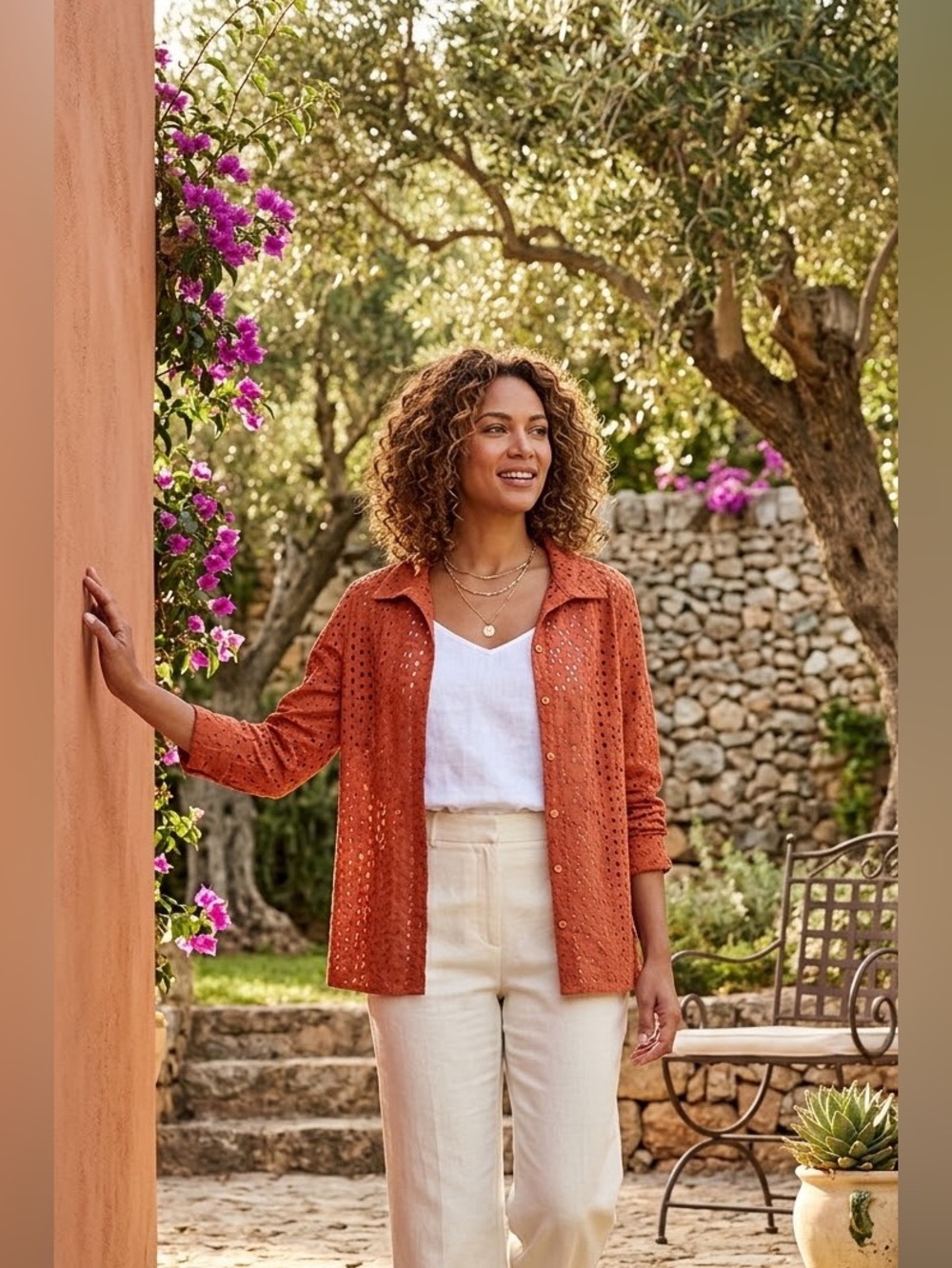 Nicole Miller Artelier NWT Long Sleeve Blouse Orange Rust Lace 100% Cotton Sz L